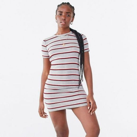 M Forever 21 Blue Striped Ribbed Short Sleeve Bodycon Dress - Picture 2 of 11